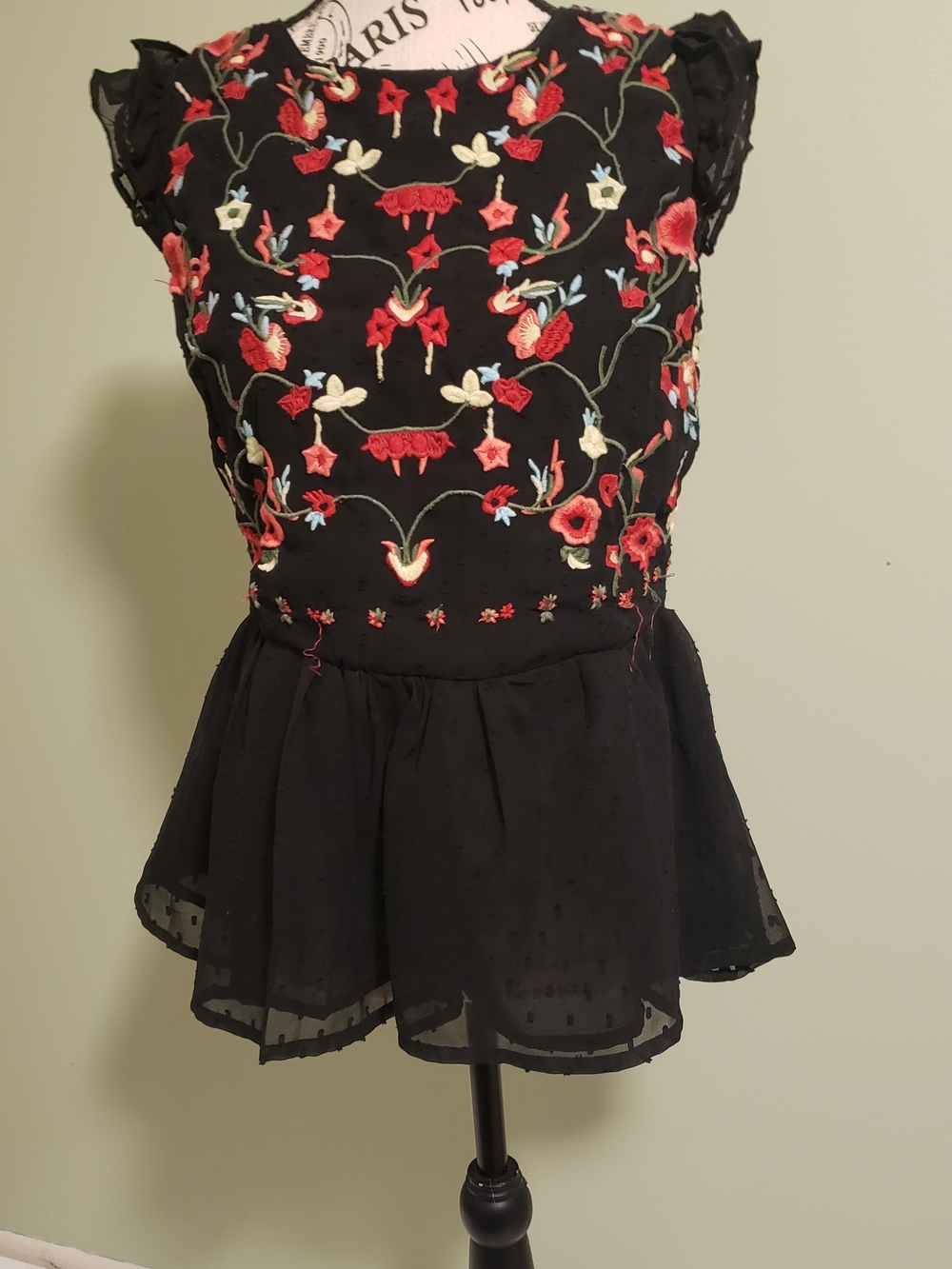 Black Embroidered Floral Peplum Top